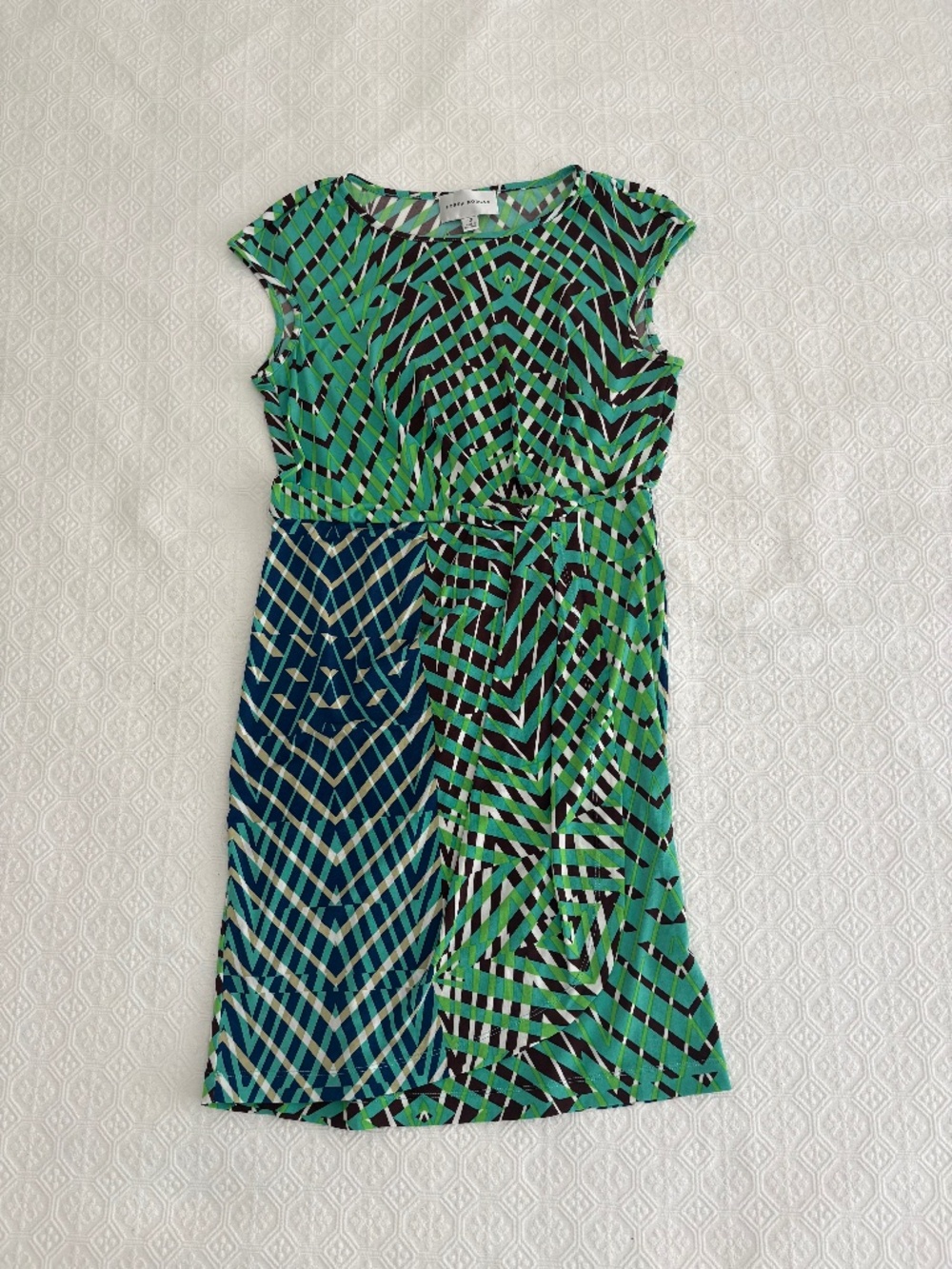 Donna Morgan Geometric Faux Wrap Dress Green Navy Teal Size 10